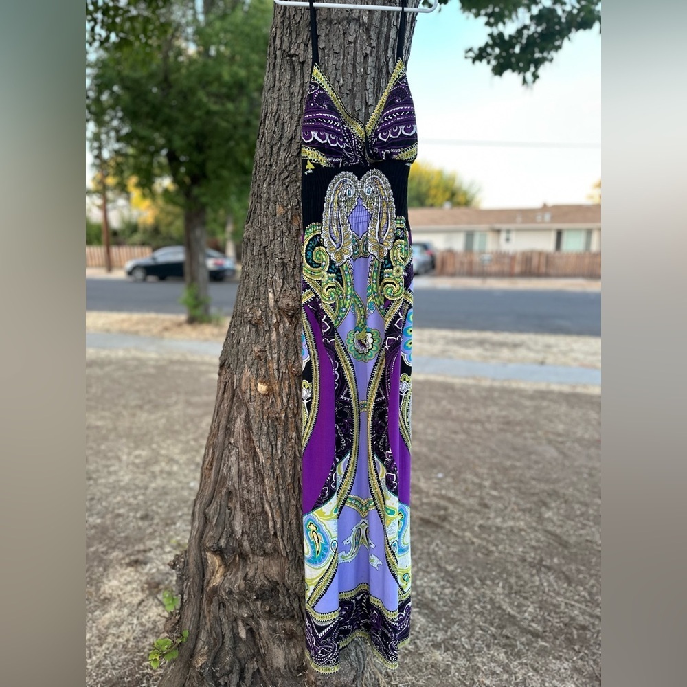 Snap Y2K Paisley Maxi Dress in Purple and Black Multicolor